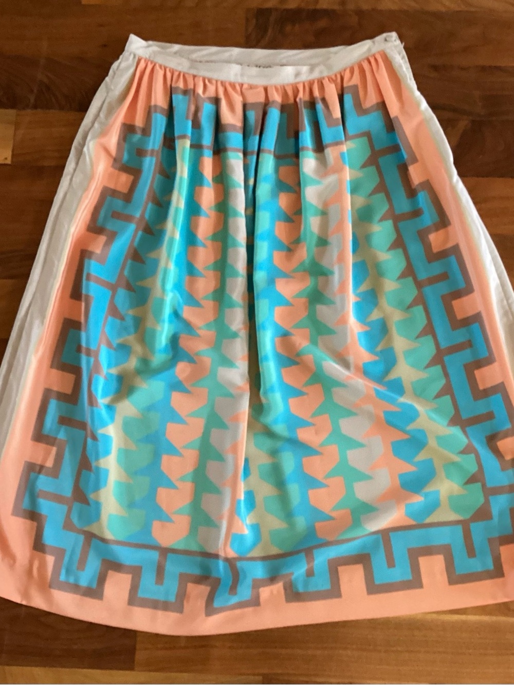 Vintage 1970’s Midi Skirt Aztec in Peach, Aqua and Mint Size 14
